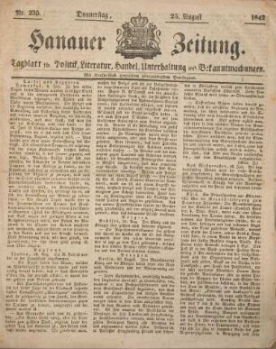 Hanauer Zeitung. Nr. 235. Donnerstag, 25. August 1842.