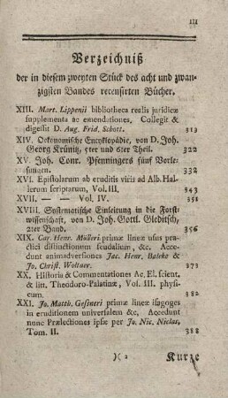 Verzeichniß der in diesem zweyten Stück des acht und zwanzigsten Banes recensirten Bücher.