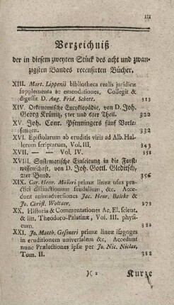 Verzeichniß der in diesem zweyten Stück des acht und zwanzigsten Banes recensirten Bücher.