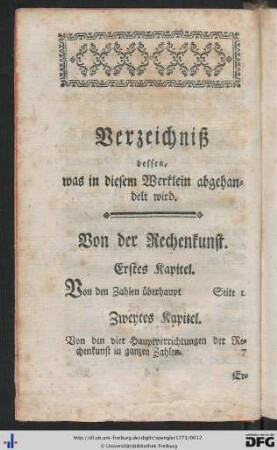 Verzeichniß dessen, was in diesem Werklein abgehandelt wird.