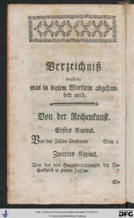 Verzeichniß dessen, was in diesem Werklein abgehandelt wird.