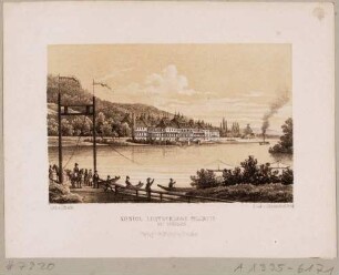 Schloss Pillnitz bei Dresden von Nordwesten über die Elbe mit Fähranleger gesehen