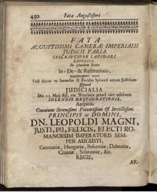 Fata Augustissimi Camerae Imperialis Judicii Varia.