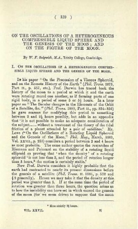 On the oscillations of a heterogeneous compressible liquid sphere and the genesis of the moon; and on the figure of the moon.