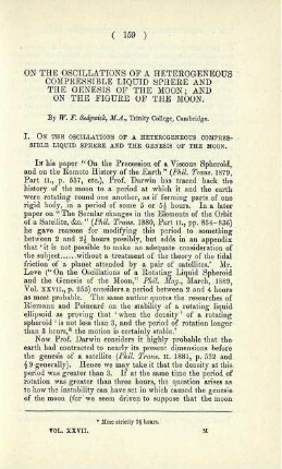 On the oscillations of a heterogeneous compressible liquid sphere and the genesis of the moon; and on the figure of the moon.