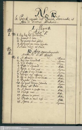 No. 10 Le Parti cavate dell'Opere, Serenate et Arie di diversi Autori