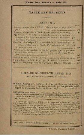 Table des matières. Août 1894.