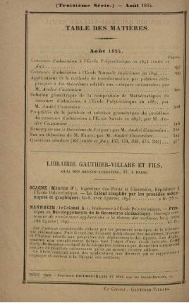 Table des matières. Août 1894.