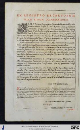Ex Registro Decretorum Sacrae Rituum Congregationis.