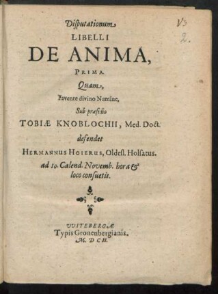 Disputationum Libelli De Anima, Prima