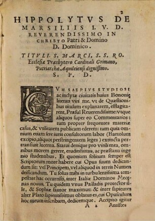 Hippolyti De Marsiliis Bononiensis I. V. Splendissimi Doctoris ... elegans & accuratus in titulum ff. de Quaestionibus compilatus Commentarius