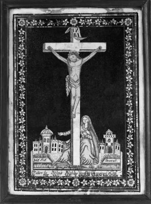 Der gekreuzigte Christus mit Maria Magdalena vor der Stadtansicht von Jerusalem