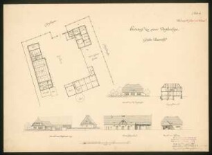 Dorfanlage Großer Bauernhof: Grundriss, Schnitt, Ansichten 1:200