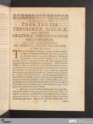 Sectio Praeliminaris. De Generali Salutis Oeconomia.