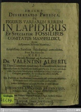 Dissertatio physica, de figuris variarum rerum in lapidibus et speciatim fossilibus comitatus Mansfeldici