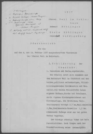 Weil/Schönbuch mit Breitenstein und Neuweiler: Pfarrbericht 1937
