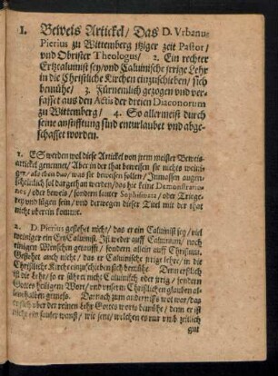 Beweis Artickel/ Das D. Urbanus Pierius zu Wittemberg itziger zeit Pastor/ und Obrister Theologus ...