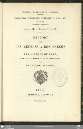 Rapport sur les meubles à bon marché et les meubles de luxe : ouvrages du tapissier et du décoratur