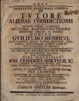 Dissertatio inavgvralis ivridica de tvtore alienae ivrisdictionis