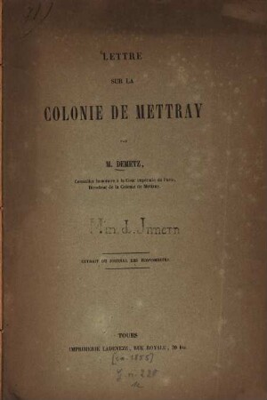 Lettre sur la Colonie de Mettray : extrait du Journal des Économistes