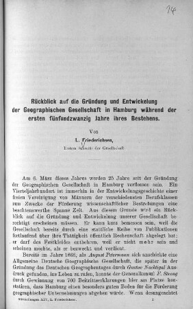 Rückblick auf die Gründung und Entwicklung der Geographischen Gesellschaft in Hamburg während der Jahre 1873 - 1898