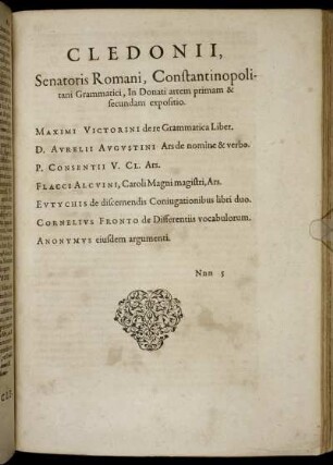 Cledonii, Senatoris Romani, Constantinopolitani Grammatici, In Donati artem primam & secundam expositio