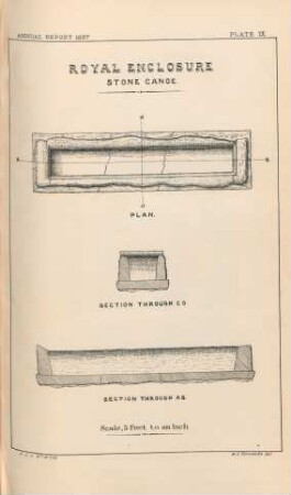 Plate IX. Royal Enclosure. Stone Canoe. Plan. Section through C.D. Section through A.B.