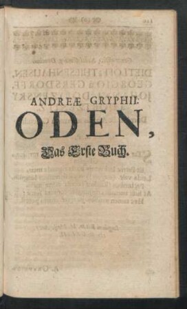 Andreae Gryphii. Oden, Das Erste Buch.