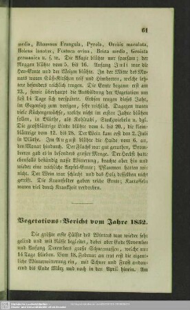 Vegetations-Bericht vom Jahre 1852