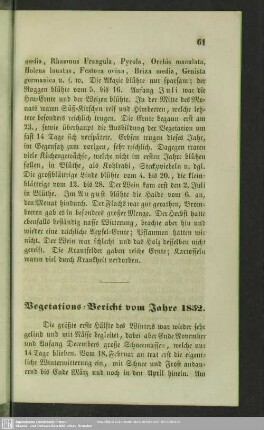 Vegetations-Bericht vom Jahre 1852