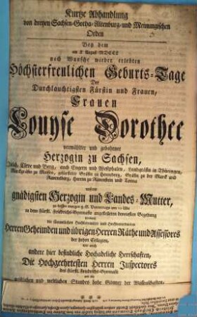 Kurtze Abhandlung von dreyen Sachsen-Gotha-Altenburg- und Meinungischen Orden