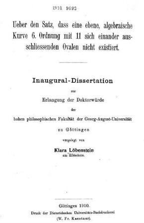 Ueber den Satz, dass eine ebene, algebraische Kurve 6. Ordnung mit 11 sich einander ausschliessenden Ovalen nicht existiert