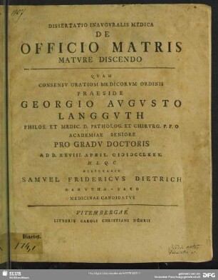 Dissertatio Inauguralis Medica De Officio Matris Mature Discendo