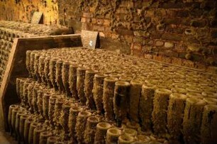 Frankreich. Champagne Ardenne. Marne. Epernay. Champagner Kellerei. De Castellane. Champagner Flaschen im Keller. 30 bis 40 Jahre alte Flaschen in Ruhezeit