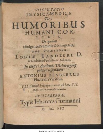 Disputatio Physica-Medica De Humoribus Humani Corporis