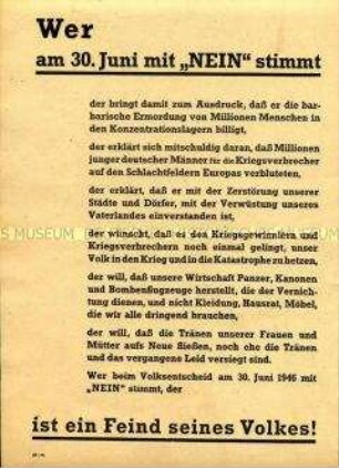 Aufruf zum Volksentscheid für die Enteignung der Kriegsverbrecher in Sachsen