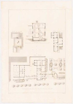 Architektonische Entwürfe für den vorhandener Gebäude, Potsdam 1845-49. Wohnung für den geheimen Kabinets-Rat Sr. Majestät des Königs, Potsdam Umbau: Tafel 20. Durchschnitt, Grundrisse und Aufsicht auf die Dächer