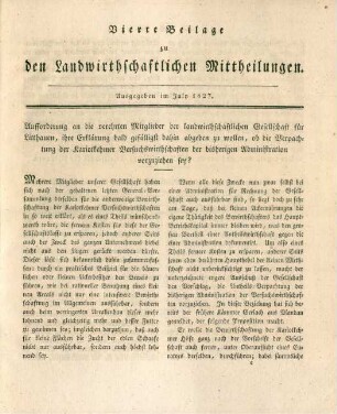 Vierte Beilage zu den Landwirthschaftlichen Mittheilungen. Ausgegeben im July 1827.