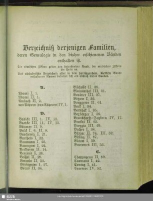 Verzeichnis derjenigen Familien, deren Genealogie in den bisher erschienenen Bänden enthalten ist