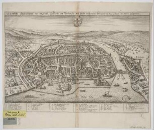 Vogelschaubild der Stadt Konstanz, 1:6 500, Kupferstich, 1633 : Eigentliche Contrafactur der Statt Costantz am Bodensee wie solche währender Belägerung Anno 1633. im wesen gestanden. - [Ca. 1:6 500]. - [S.l.] , [nach 1633]. - 1 Vogelschauplan : Kupferstich ; 35 x 21 cm, Gesatmgr. 35 x 24 cm W oben. - Kopft. - Wappen oben Mitte. - Windrose unten rechts. - Mit Gebäudekennzeichnung u. Erl. unterhalb d. Kt.-Rahmens