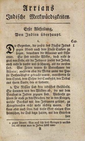 Arrians Indische Merkwürdigkeiten und Hannons Seereise : Nebst Herrn Heinrich Dodwells Prüfung der Seereise des Nearch, und Herrn von Bougainville Abhandlung von der Seereise des Hanno, und den carthaginensischen Handelsplätzen, die er an den Küsten von Africa angelegt hat. Mit Landcharten, und einem geographischen und historischen Register über den Arrian