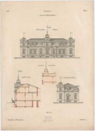 Jahn, Johann; München; Badeanstalt (Studienarbeit an der Baugewerkschule) - Ansicht gegen Süden; Ansicht gegen Osten; Mittelbau (Schnitt); Schnitt a-b