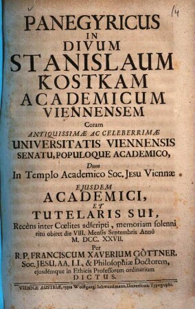 Panegyricus in divum Stanislaum Kostkam academicum Viennensem