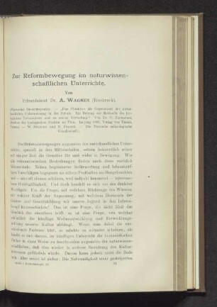 Zur Reformbewegung im naturwissenschaftlichen Unterrichte.