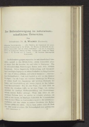 Zur Reformbewegung im naturwissenschaftlichen Unterrichte.