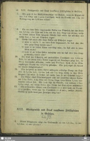 XIII. Gleichgewicht und Druck tropfbarer Flüssigkeiten in Gefäßen