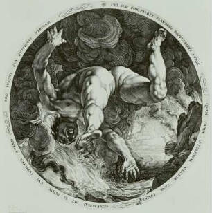 Ixion (mit dem Gesicht nach links stürzend in die Höllenflammen der Unterwelt