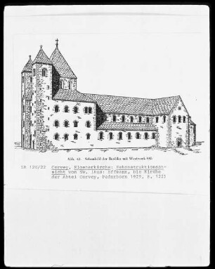 Rekonstruktionsansicht der Abteikirche Corvey von Südwesten