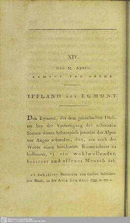 XIV. Den 25. Aprill. Egmont Von Göthe. Iffland Als Egmont