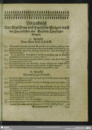 Verzeichnüß Der Gewissens- und Zweiffels-Fragen nach den Hauptstücken oder Artickeln Christlicher Religion